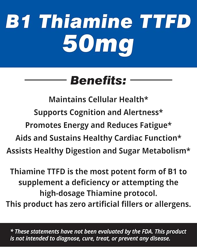 Vitamine B1 Thiamine TTFD Thiamine Tetrahydrofurfuryl Disulfide 50mg-250CapsulesVeganNon GMONo Artificial fillers or Stearate additives.