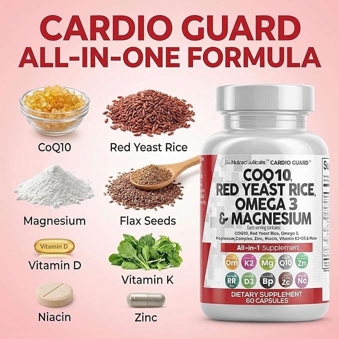 Clean Nutraceuticals COQ10 200mg Red Yeast Rice Omega 3 Magnesium Complex 500mg Niacin Zinc Vitamin K2 D3 - Heart Support Vitamins for Women &amp Men w/Vitamin B3 Coenzyme Q10-60 Ct