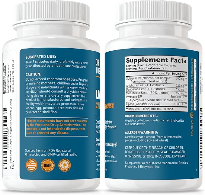 Dr. Tobias Liver 21 Day Cleanse Herbal Liver Detox Cleanse with Milk Thistle Dandelion Root &amp Artichoke Extract Supports Liver Health &amp Digestion 63 Vegetarian Capsules (126 Count (Pack of