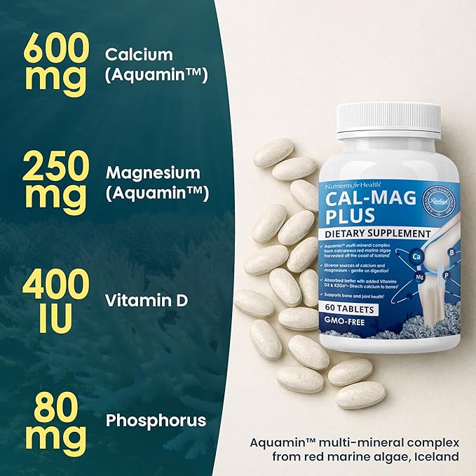 Rawleigh Cal-Mag Plus: 60 Tablets 600mg Calcium 250mg Magnesium Aquamin Vitamin D3 &amp K2 Boron Phosphorus 7 Forms of Calcium &amp 5 Forms of Magnesium High Absorption Bone &amp Joint Supp