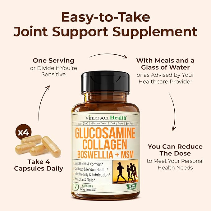 Glucosamine Chondroitin MSM with Hydrolyzed Collagen Peptides - Joint Support Supplement with Quercetin Bromelain &amp Boswellia Extract - Collagen pills for Hair Skin Nails - FSA Eligible 2 Pack