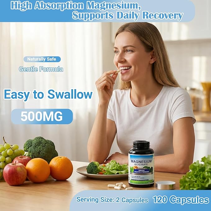 Magnesium Glycinate 500mg with Vitamin D3 &amp a Green Vegetables Mix | High Absorption Gentle on Stomach | Supports Muscle &amp Bone Function | 120 Vegan Capsules with Organic Rice Extract