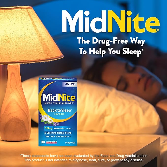 MidNite Back To Sleep Low Dose 1.5 mg Melatonin Sleep Aid Non-habit Forming Herbal Dietary Supplement For Adults Drug-free Gluten-free Lactose-free Vegetarian Vegan 30 Quick Melt Tablets 2 ct
