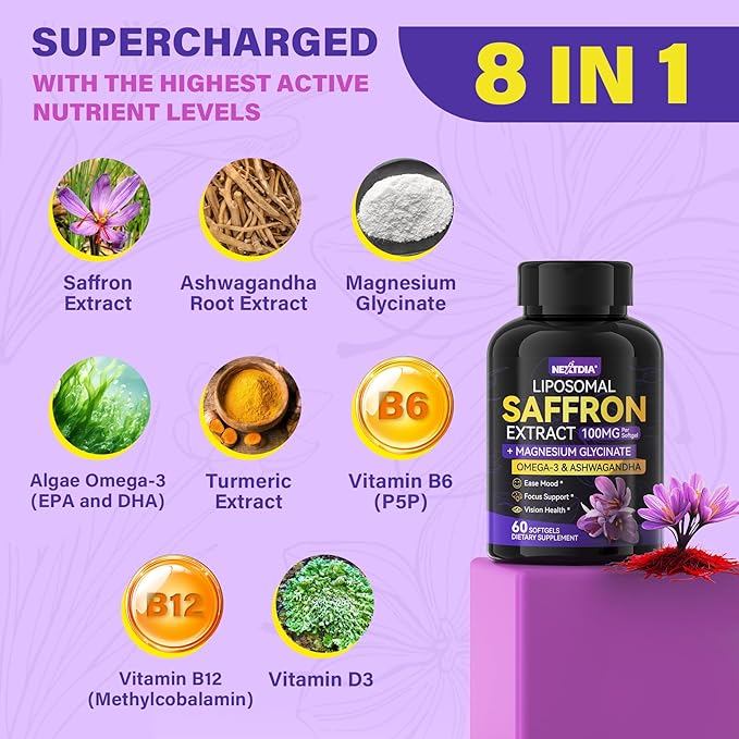 Nextdia Saffron Supplements - 100mg Liposomal High Absorption 100% Pure Saffron Extract with Magnesium Glycinate Omega-3 Turmeric Ashwagandha Vitamin B6 B12 D3 for Mood Brain - 60 Softgels.