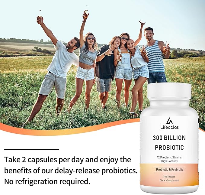 Lifeatlas 300 Billion CFU Probiotics - Probiotics for Women and Men 12 Probiotic Strains Plus Prebiotic for Immune &amp Digestive Gut Health Gas Bloating Shelf Stable - 60 Caps