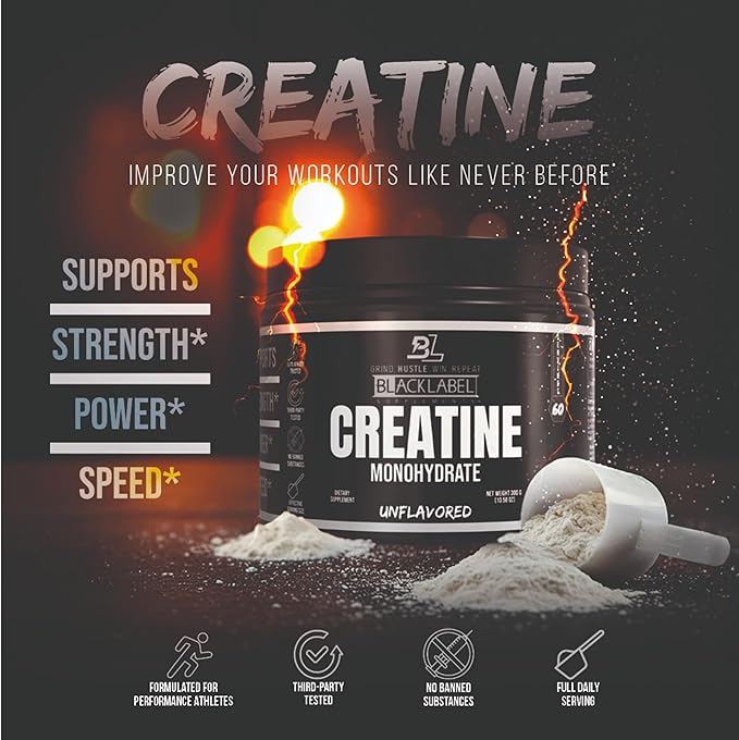 BLACKLABEL Supplements Creatine Monohydrate Powder 60 Servings – Unflavored Creatine Powder for Muscle Gain and Strength Support – Daily Creatine Supplement for Men and Women 5g per Serving