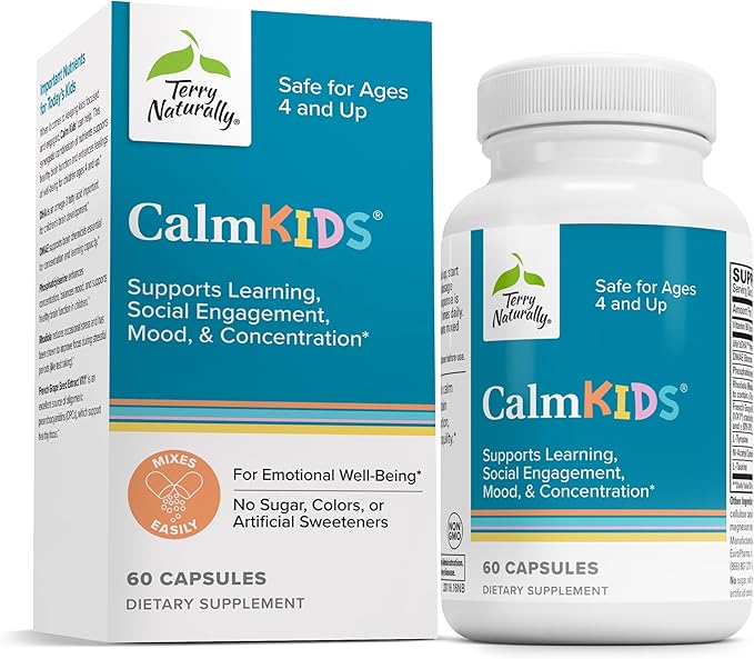 Terry Naturally Calm Kids - Calm Child Supplement - Brain Health for Focus Memory &amp Concentration - Attention Supplement for Kids - Support Learning &amp Concentration - 60 Capsules