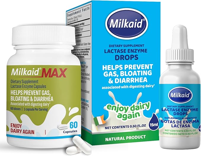 Milkaid Lactase Enzyme Drops for Lactose Intolerance &amp Max Lactase Enzyme Capsules | Fast Acting Dairy Digestive Supplement | Prevent Gas &amp Bloating | 0.50 FL.OZ. &amp 60 Capsules 9000 ALU