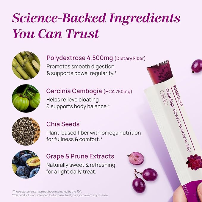FOODOLOGY Coleology Bowel Movement Jelly (Grape &amp Prune) – Prebiotic Fiber Supplement for Gut Health &amp Daily Regularity Chia Seeds Korean Supplement – 10 Sticks