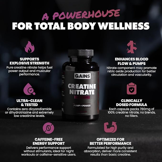 Gains in Bulk Crea-Nitric Creatine Nitrate Pre Workout Supplement Nitric Oxide Support Promotes Muscle Strength Pump and Non-Stim Energy Supplements for Men and Women Gluten Free 90 Capsules