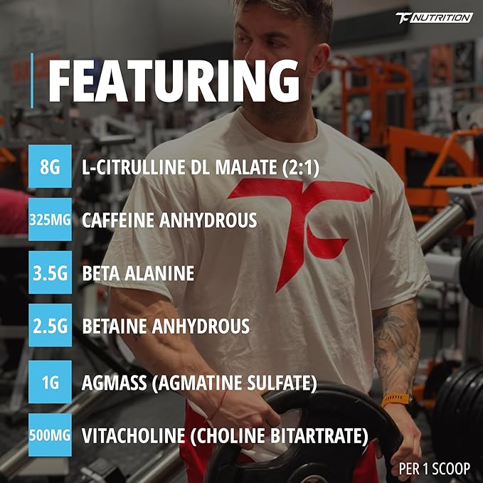 TC Nutrition Batch 27 Pre Workout Powder - 8g Citrulline 3.5g Beta Alanine 2.5g Betaine 325mg Caffeine | Instant Energy Focus Pumps &amp Strength | Nitric Oxide Booster 20 sv (Blue Slushie)