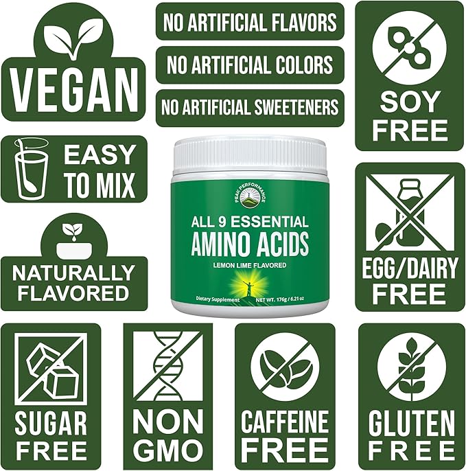 All 9 Essential Amino Acids Powder. Pre + During + Post Workout with EAAs + BCAAs for Energy Muscle Growth and Recovery. Non-GMO BCAA and EAA Powders for Men + Women. 3rd Party Tested. Lemon Lime
