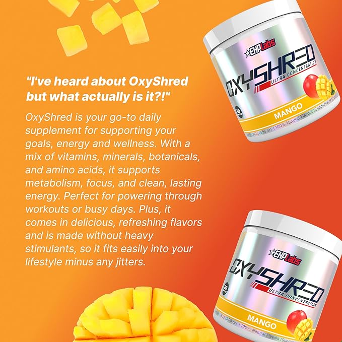 EHP Labs OxyShred Pre Workout Powder - Preworkout Powder with L Glutamine &amp Acetyl L Carnitine Energy Boost Drink - Mango 60 Servings