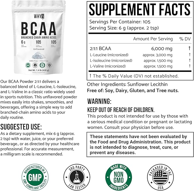 BCAA Powder 2:1:1 Unflavored Branched Chain Amino Acids for Men and Women Pure BCAA Energy Powder for Mixing in Drinks &amp Shakes Non-GMO No-Additives 105 Servings 1.4 lb (630g)