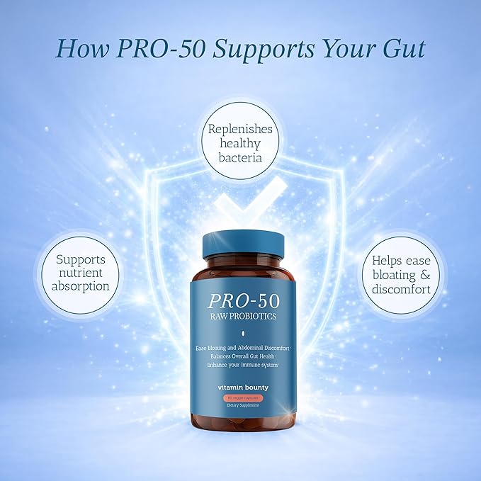 Vitamin Bounty Pro-50 - Probiotics for Women &amp Men - 50 Billion CFU - 13 Strains Probiotic + Prebiotic - Probiotics for Digestive Health - Delayed Release Capsules - 60 Count