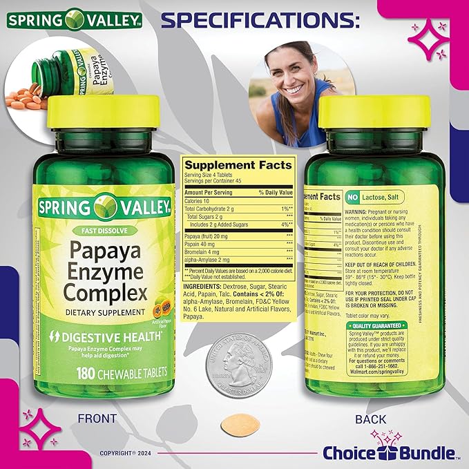 Choice Bundle Spring Valley Papaya Enzyme Complex Chewable Tablets Dietary Supplement 180 Ct 2 pk (360 Total) - Plus Vitamin Guide &amp Pill Container (4 Items)!