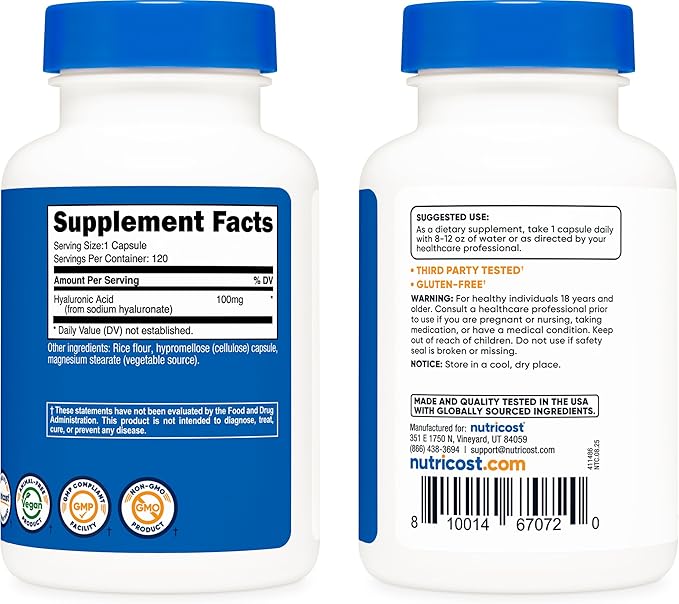 Nutricost Hyaluronic Acid Capsules 100mg120 Vegetarian Capsules - Gluten Free Non-GMO (Pack of 2)
