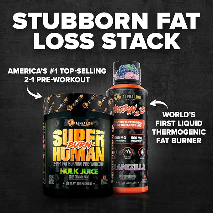 ALPHA LION Stubborn Fat Loss Stack – Superhuman Burn Pre Workout + Burn2O Liquid L-Carnitine 2000mg (ShredBerry) – 2-in-1 Thermogenic Fat Burning Stack for Men &amp Women