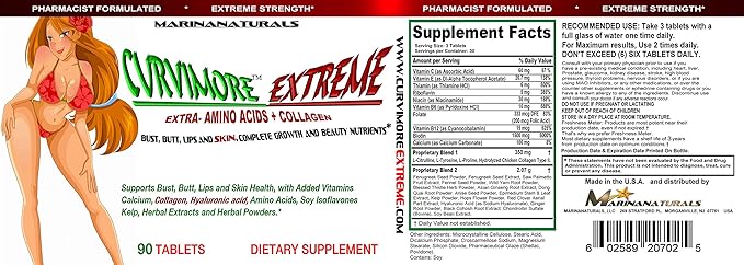CURVIMORE Extreme The Most Advanced and Loaded Breast Enlargement Butt Enhancement Lip Plumping and Skin Tightening 5 in 1 Extreme Strength Pills -Natural Bust and Butt Enhancement Pills-90 Tablets