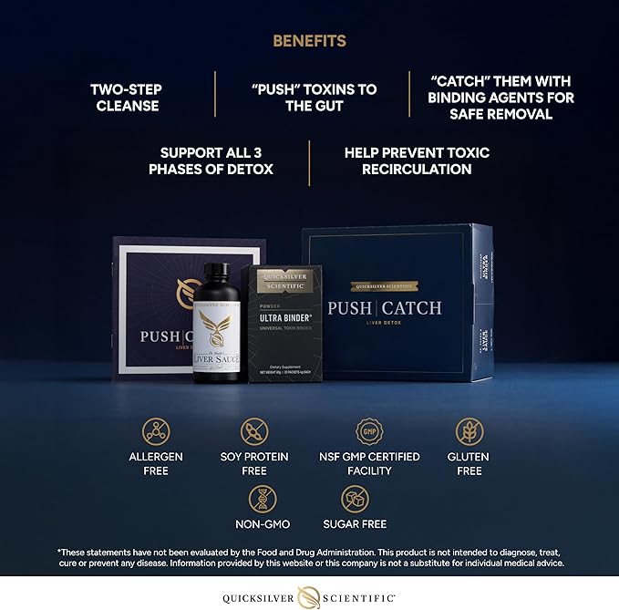 Quicksilver Scientific PushCatch Liver Detox Cleanse - 2 Piece Kit with Ultra Binder (Packets) &amp Liver Sauce (Liver Support Supplement with Milk Thistle Extract) to Support GI Detox &amp Toxin Bi