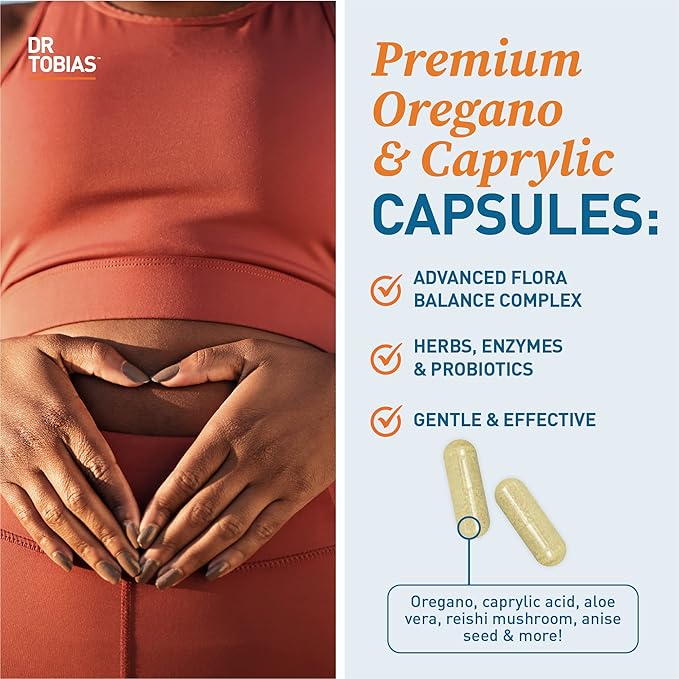 Dr. Tobias Oregano and Caprylic Acid Blend Gut Flora Balance Complex with Probiotics &amp Enzymes for Intestinal and Immune Support Gut Health Supplements for Women &amp Men 120 Capsules 60 Serv