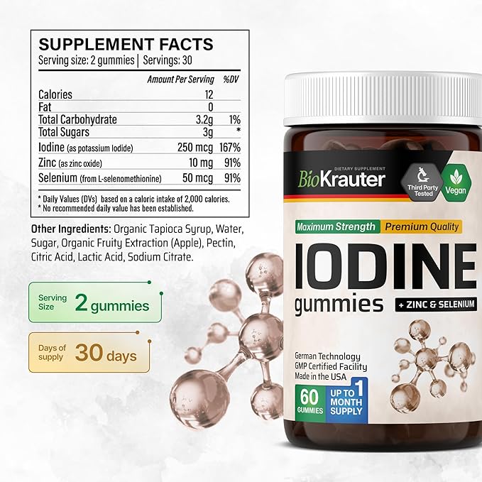BIO KRAUTER® Iodine with Zinc and Selenium for Thyroid Support - Vegan Potassium Iodide for Antioxidant &amp Immune Support - Selenium Supplements for Women - 60 Gummies Non-GMO Apple Flavor
