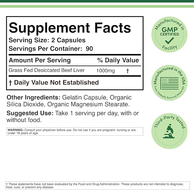 Grass Fed Beef Liver Capsules (1000mg of Grass Fed Desiccated Beef Liver per Serving 180 Capsules 3 Month Supply) Supplement for Digestion Immune Health Energy and Wellness by Double Wood
