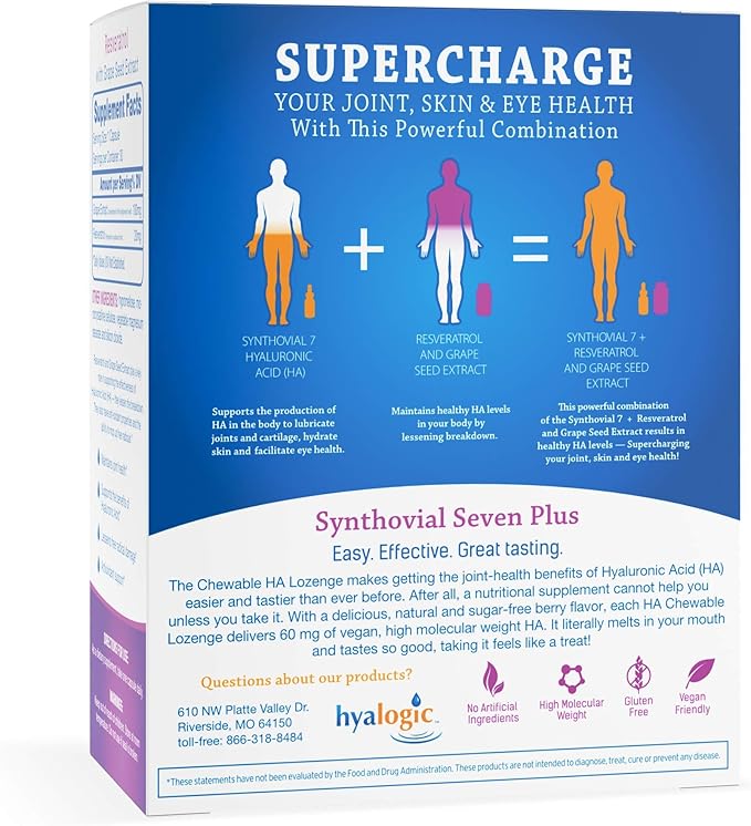 Hyalogic Synthovial Seven Hyaluronic Acid Liquid &amp Resveratrol Capsules - HA Joint Support - Vegan - 1 oz