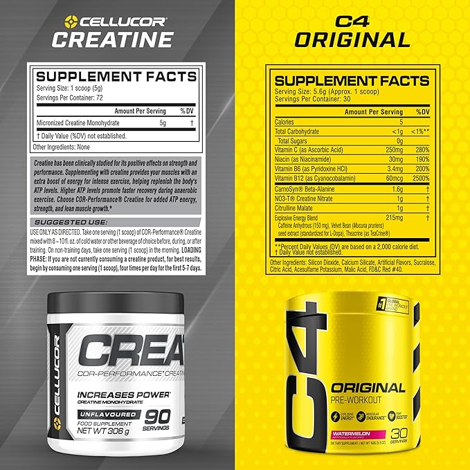 Cellucor Pre Workout &amp Creatine Bundle C4 Original Pre Workout Powder Watermelon 30 Servings + Cor Performance Creatine Powder 72 Servings