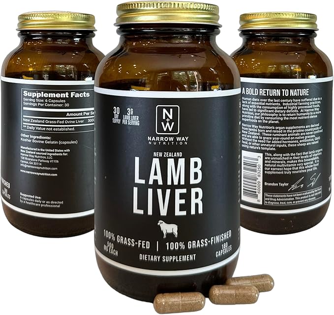 Lamb Liver Regeneratively Raised in New Zealand (180 Capsules) 100% Grass-Fed &amp 100% Grass-Finished 30 Day Supply at 6 Capsules Daily (Kosher Bovine Gelatin Capsules)