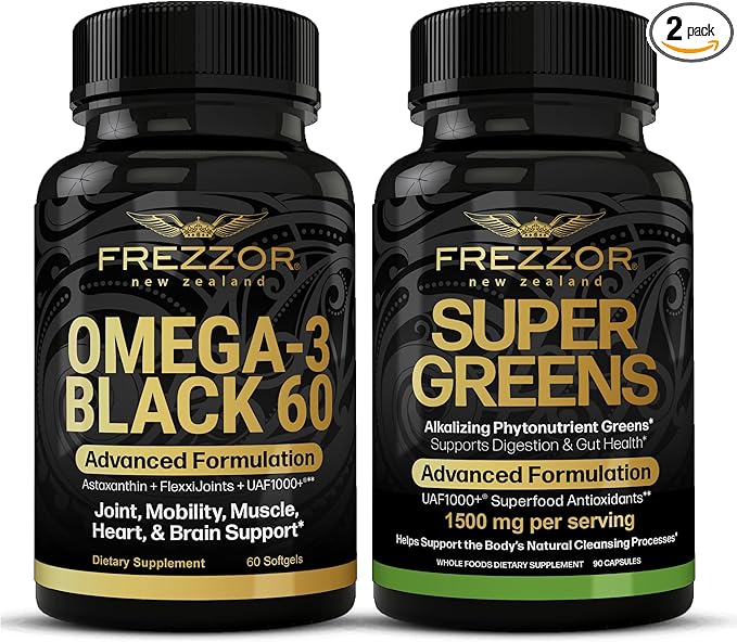 FREZZOR Omega 3 Black Green Lipped Mussel Oil 53x Higher Potency for Superior Joint Comfort &amp Mobility No Fishy Aftertaste 1 Bottle 60 Softgels Plus 1 Bottle of Super Greens