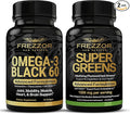 FREZZOR Omega 3 Black Green Lipped Mussel Oil 53x Higher Potency for Superior Joint Comfort &amp Mobility No Fishy Aftertaste 1 Bottle 60 Softgels Plus 1 Bottle of Super Greens