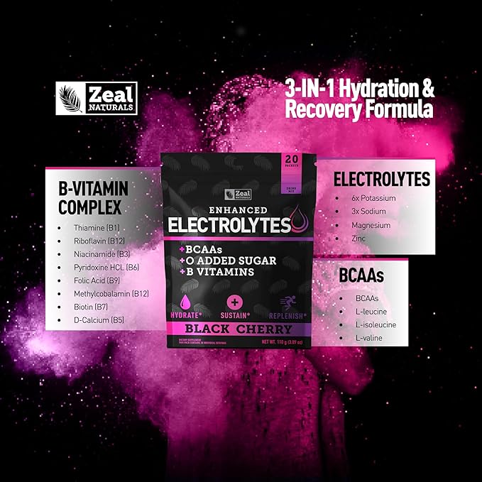 Enhanced Electrolyte Powder Stick Packs (Black Cherry | 20 Packets) w/ 0 Sugar +BCAAs +B-Vitamins Electrolyte Supplement w Potassium Zinc &amp Magnesium for Hydration - Keto Electrolytes