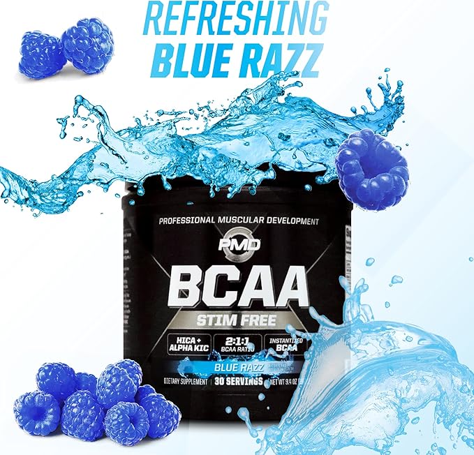PMD Sports BCAA Stim-Free Amino Acids - Better Workout Performance Enhanced Recovery Daily Energy Muscle Builder and Muscle Sparing - BCAA Powder Drink Mix - Blue Razz (30 Servings)