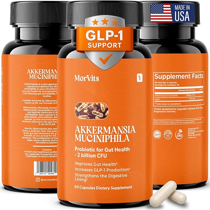 Akkermansia Probiotic for Cravings &amp Gut Health | GLP-1 Support Supplement with Akkermansia Muciniphila – 2 Billion CFU Inulin Prebiotic Fiber – 60 Capsules 1 Pack