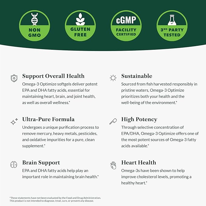 Greens First Omega-3 Optimize Daily Supplement Ultra-Pure Potent Marine Oil - for Heart Brain &amp Joint Health - High EPA/DHA - Immune Support - 850mg - 120 Softgels