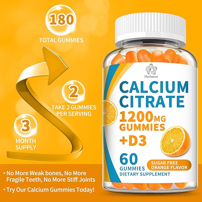 (3 Pack) Calcium Citrate 1200 mg Gummies with Vitamin D3 High Absorption Calcium Supplements for Women &amp Men Sugar Free Non-GMO Gluten Free Supports Muscle &amp Immune - Orange Flavor
