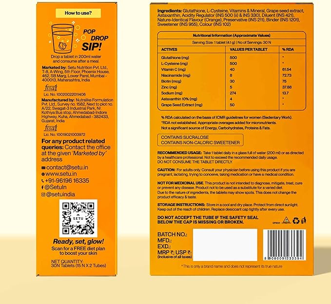 SETU Glutathione Effervescent Tablets with 500mg L-Glutathione &amp Vitamin C | Sugar-Free Antioxidant Supplement | Orange (Pack of 6)