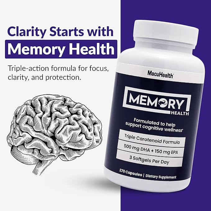 Memory Health Softgels with Omega-3 Carotenoids and Vitamin E – Designed for Mental Focus Energy and Enhanced Clarity - (270 Softgels 90 Days Supply)