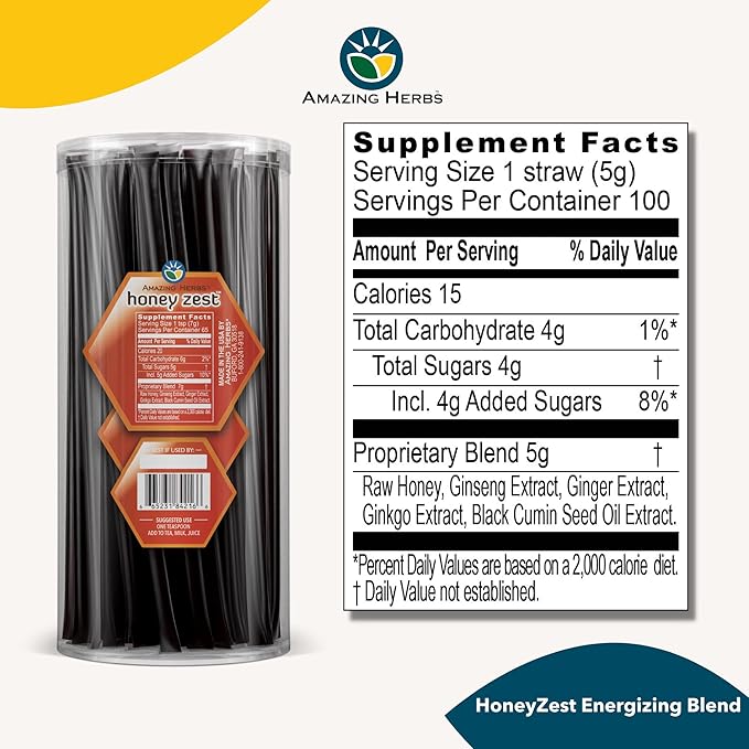 Amazing Herbs Raw Natural Honey - Herbal Honey Infused with Ginseng Ginger Ginkgo Extracts &amp Pure Black Seed Oil Non GMO Gluten Free Immune Booster - Honeyzest Energizing Straws 100 Count
