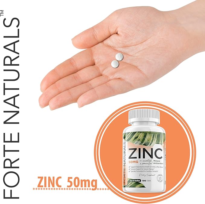 Zinc 50mg (100 Tablets) Specially Formulated for Sensitive Stomach Immune Support Skin &amp Hair Vegan Zinc Supplement Non-GMO Made in USA