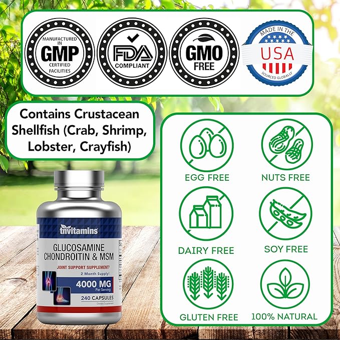 tnvitamins Glucosamine Chondroitin MSM Capsules 240 Count | 4000 mg Per Serving | 2000 mg Glucosamine Sulfate 2KCl + 2000 mg MSM &amp Chondroitin Blend | Joint Support Supplement