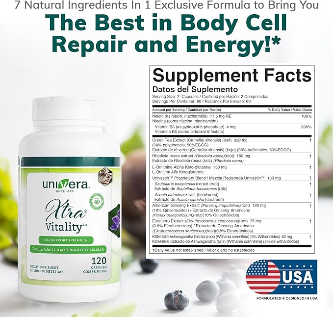 Univera Xtra Vitality - Cell Support Formula - Green Tea Extract Vitamin B6 American Ginseng Extract Ashwagandha Univestin for Joint Health 120 Capsules