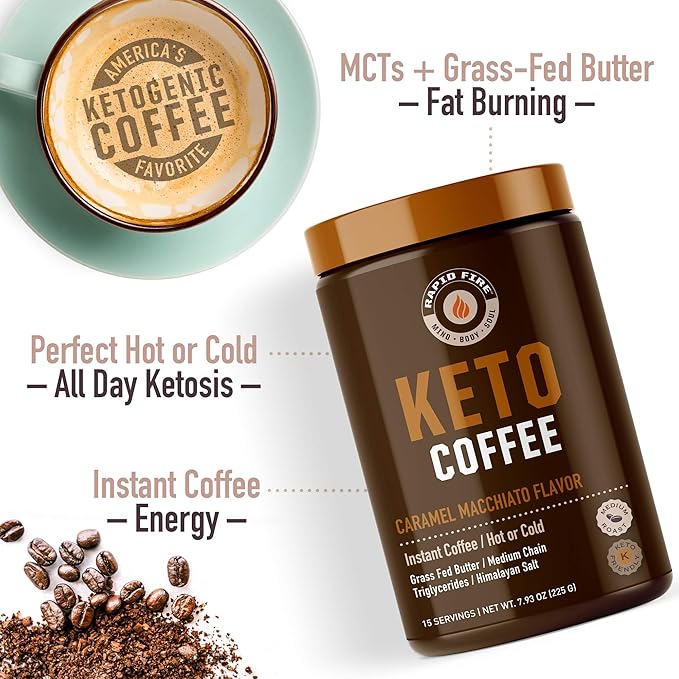 Rapid Fire Ketogenic Coffee Mix Caramel Macchiato with MCT Creamer Supports Metabolism Weight Loss Keto Diet 7.93 and 8.5 Ounces