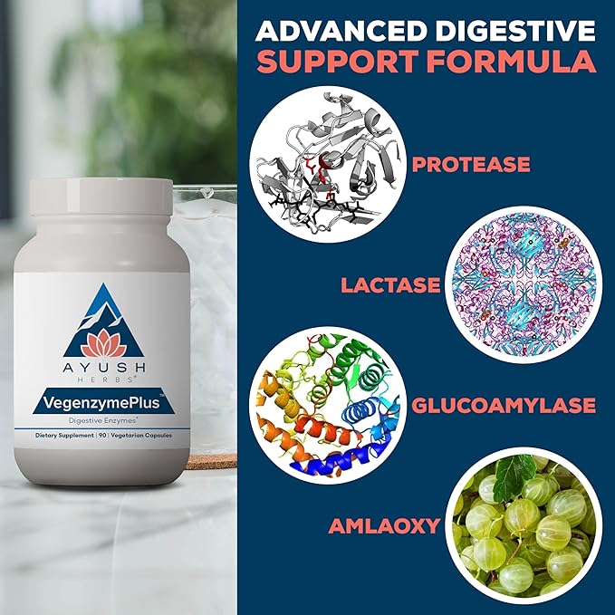 Ayush Herbs VegenzymePlus - Digestive Enzymes for Women &amp Men Enzymes for Digestion with Bromelain Lipase Lactase Protease 100% Vegetarian Gut Health Supplement - 60 Servings