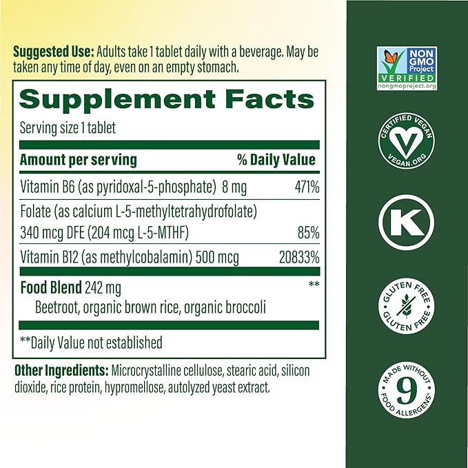 MegaFood Methyl B12 - Vegan - Includes Methyl Folate Vitamin B12 &amp B6 - Supports Cellular Energy Production Nervous System Health &amp Cardiovascular Function - 60 Tablets