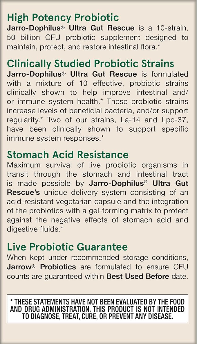 Jarrow Formulas Jarro-Dophilus Ultra Gut Rescue - 50 Billion CFU Per Serving - Probiotics Restore Protect &amp Maintain Intestinal Flora - 60 Servings (Delayed Release)