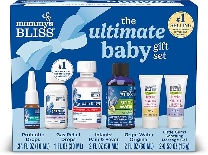 Mommy’s Bliss Ultimate Baby Gift Set | Gripe Water Probiotic Drops Pain &amp Fever Medicine Gas Relief Drops and Gum Massage Gel