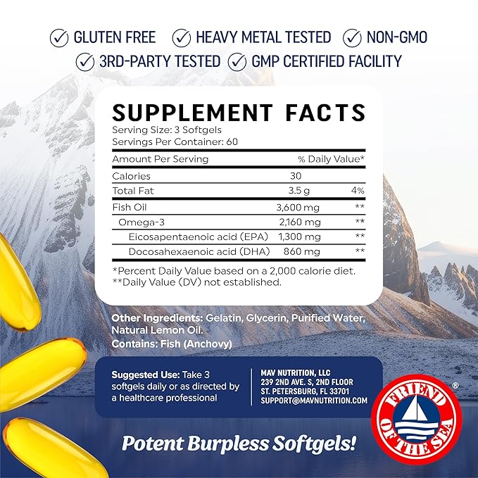Triple Strength Omega 3 Fish Oil 3600 mg | EPA &amp DHA | Over 2100mg Omega-3 Fatty Acids | 1300mg EPA + 860mg DHA | Best Essential Fatty Acids | Premium Wild Caught &amp Burpless Fish Oil | 180 Ct