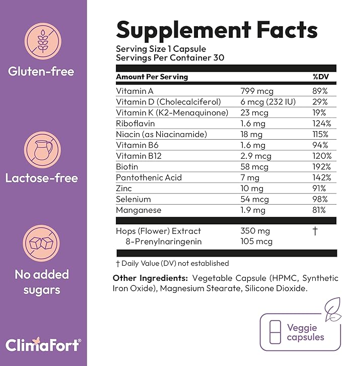Climafort 60 Day Supply | Menopause Relief Pills | Natural Relief for Hot Flashes Night Sweats Mood Swings &amp Hormone Balance | Hops Vitamins and Minerals | 1 Capsule Daily